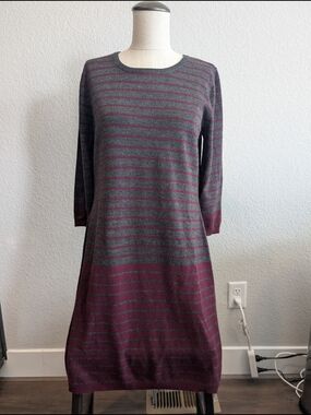 AB Studio Gray and Burgundy Striped Knit Dress Sz L